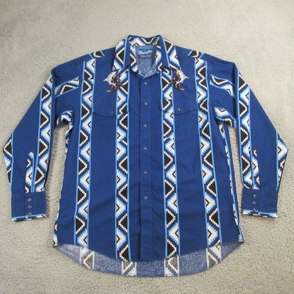 VTG Wrangler Mens Western Aztec Shirt size L Embroidered Shark‎ King Kong Gaucho - Picture 1 of 10